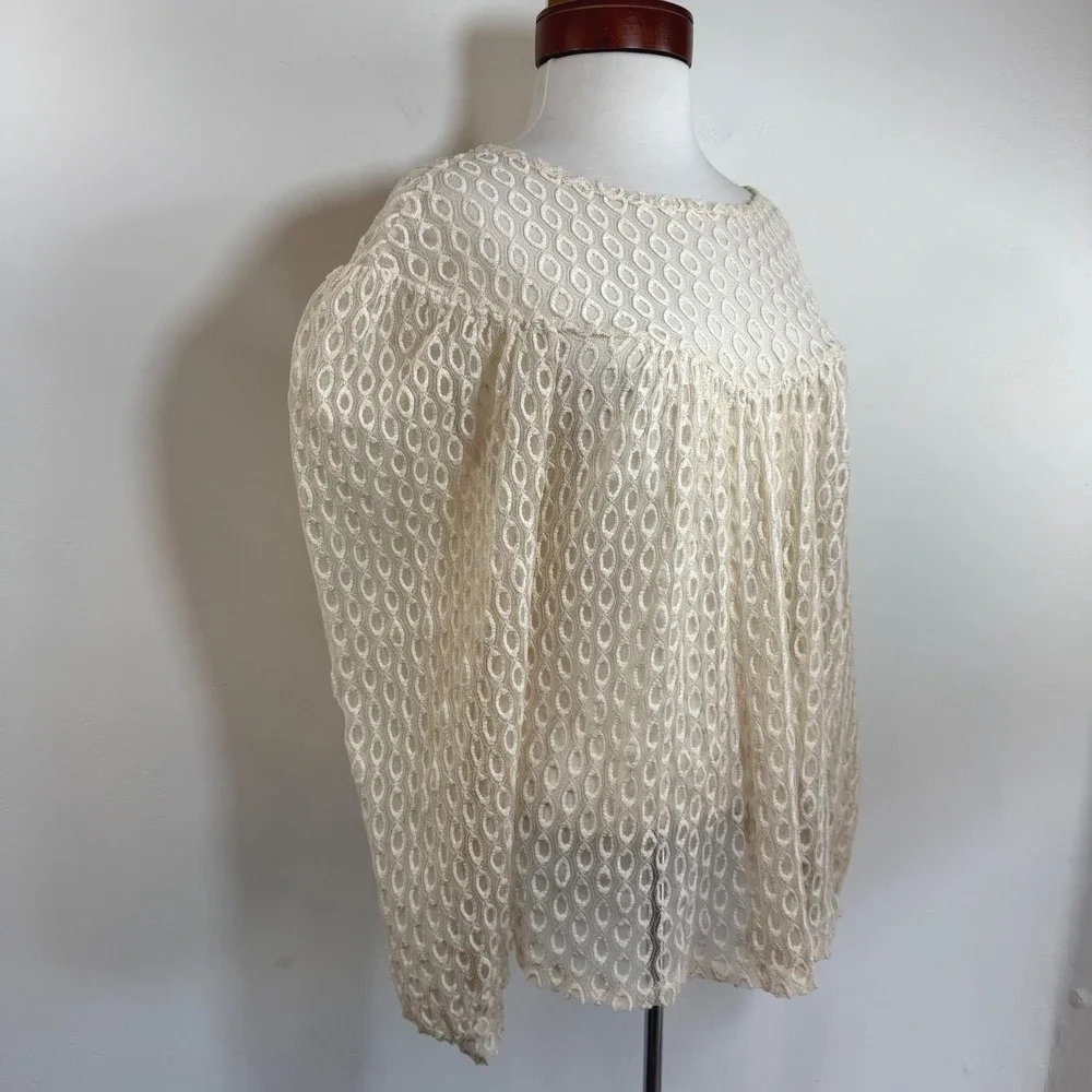 Zara Lace Blouse Cream Puff Sleeve Sheer Textured‎ Boho Peasant Coquette Top S